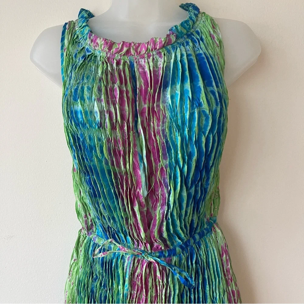 CALYPSO ST BARTH  100% Silk Pleated Maxi Dress Tie Dye Boho Blue Pink Green L - Picture 6 of 15
